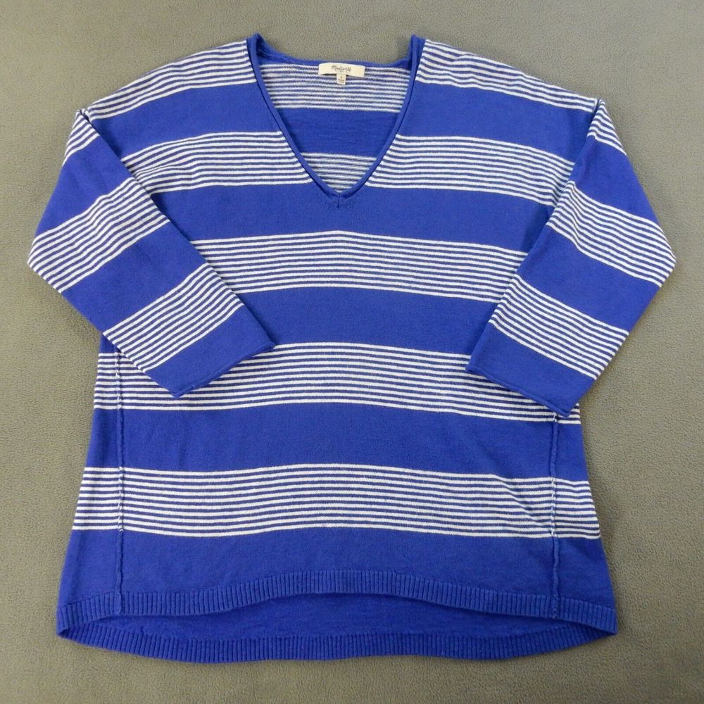 Madewell Womens Sweater Small Blue Stripe VNeck Wool Blend Relaxed Boxy Oversize